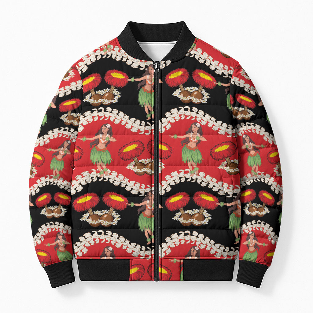 Uliuli Hawaii Makahiki Bomber Puffer Jacket Hawaiian Puakenikeni Lei Hula Girl Red Version LT14 Unisex Red - Polynesian Pride