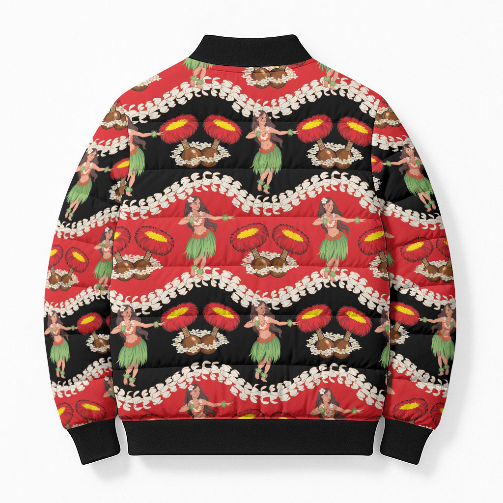 Uliuli Hawaii Makahiki Bomber Puffer Jacket Hawaiian Puakenikeni Lei Hula Girl Red Version LT14 - Polynesian Pride