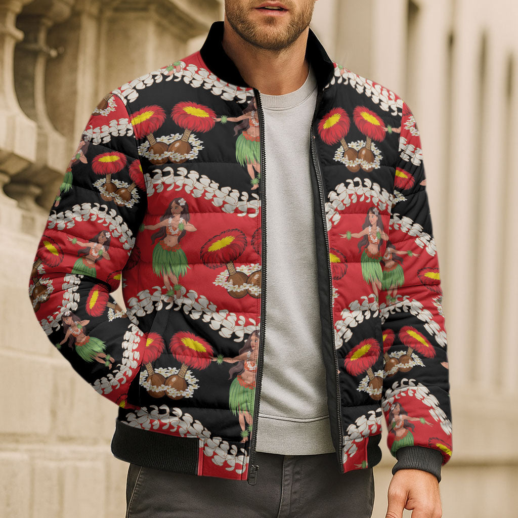 Uliuli Hawaii Makahiki Bomber Puffer Jacket Hawaiian Puakenikeni Lei Hula Girl Red Version LT14 - Polynesian Pride
