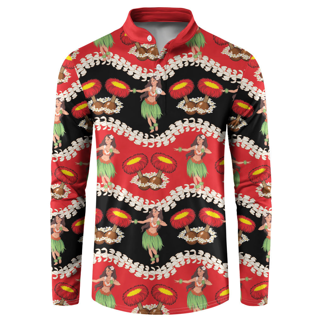 Uliuli Hawaii Makahiki Button Sweatshirt Hawaiian Puakenikeni Lei Hula Girl Red Version LT14 Red - Polynesian Pride