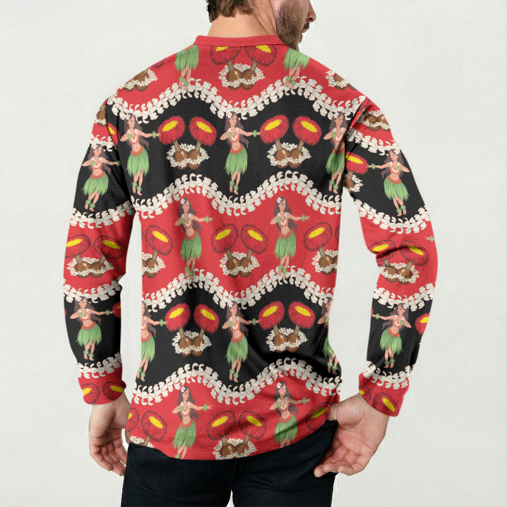 Uliuli Hawaii Makahiki Button Sweatshirt Hawaiian Puakenikeni Lei Hula Girl Red Version LT14 - Polynesian Pride