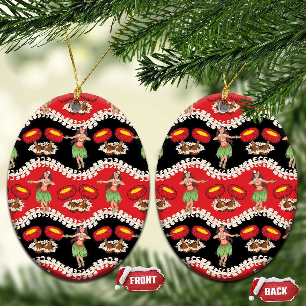 Uliuli Hawaii Makahiki Ceramic Ornament Hawaiian Puakenikeni Lei Hula Girl Red Version LT14 Oval Red - Polynesian Pride