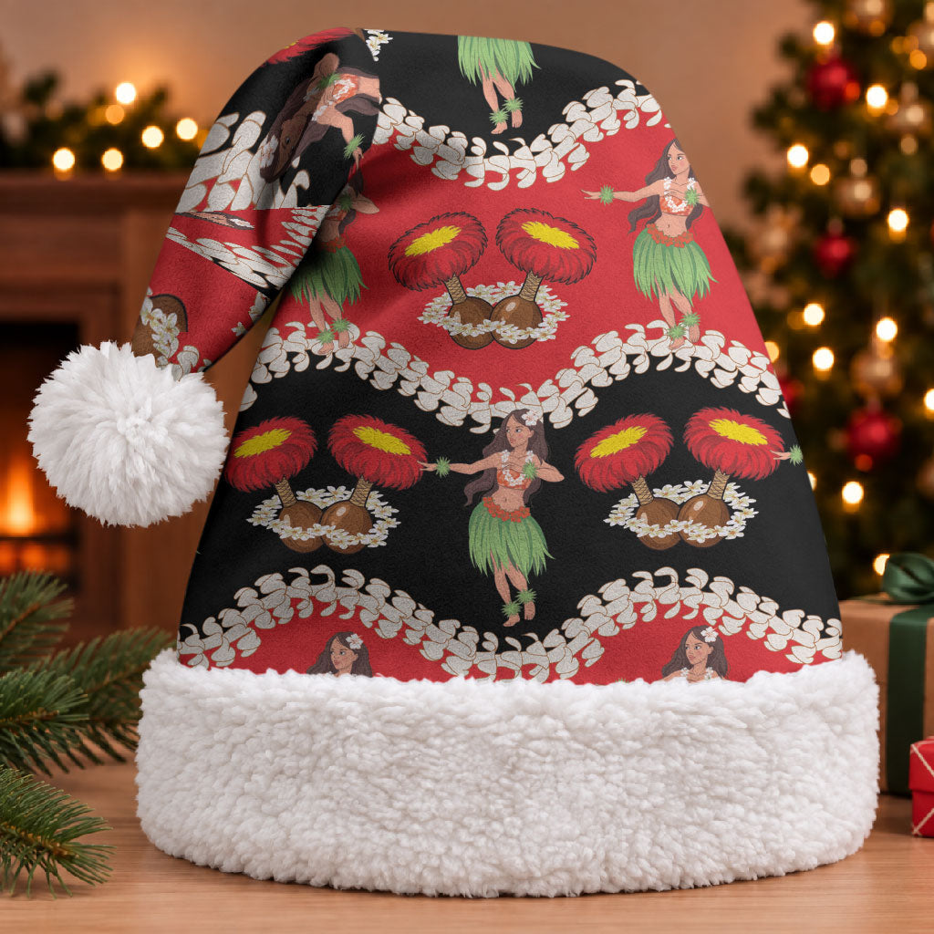 Uliuli Hawaii Makahiki Christmas Santa Hat Hawaiian Puakenikeni Lei Hula Girl Red Version LT14 With Fur Red - Polynesian Pride