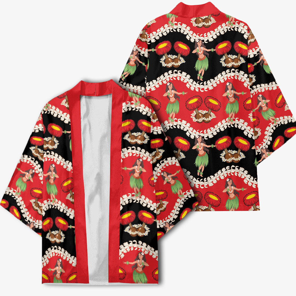 Uliuli Hawaii Makahiki Kimono Hawaiian Puakenikeni Lei Hula Girl Red Version LT14 - Polynesian Pride