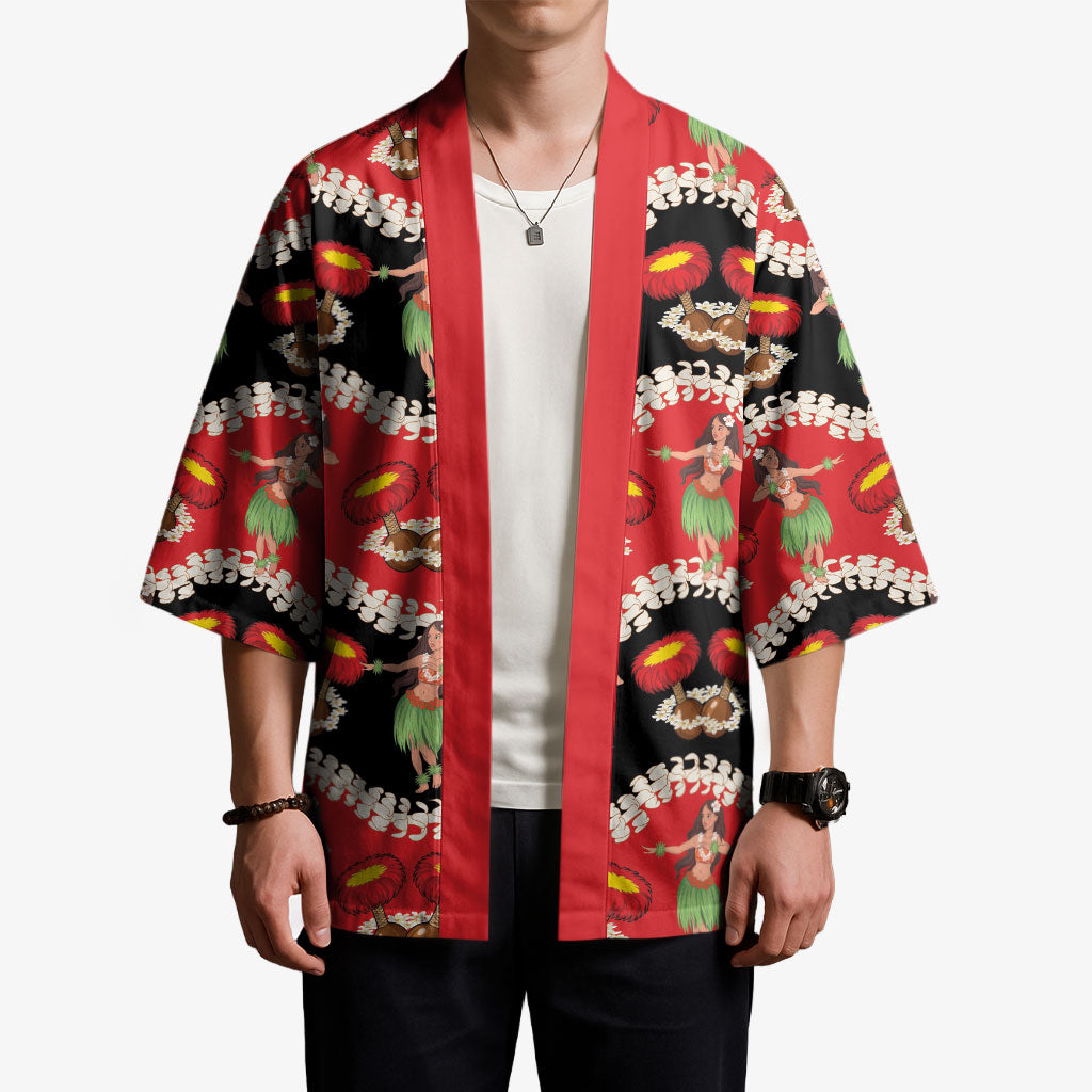 Uliuli Hawaii Makahiki Kimono Hawaiian Puakenikeni Lei Hula Girl Red Version LT14 - Polynesian Pride
