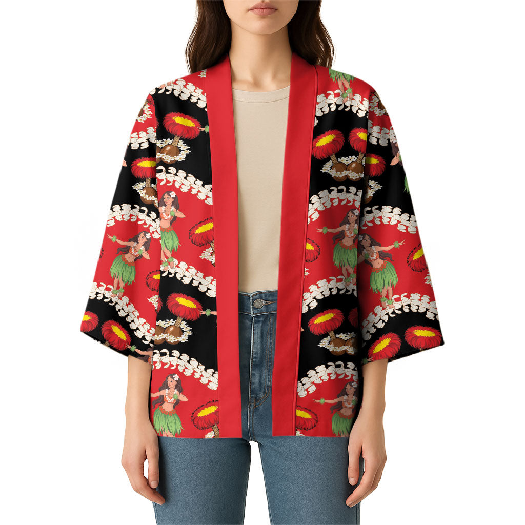 Uliuli Hawaii Makahiki Kimono Hawaiian Puakenikeni Lei Hula Girl Red Version LT14 - Polynesian Pride
