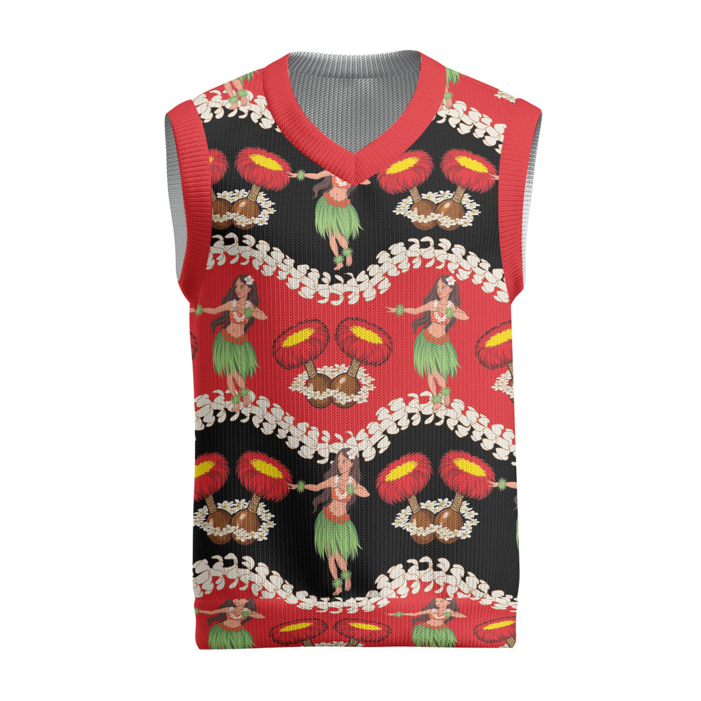 Uliuli Hawaii Makahiki Christmas Knitted V-Neck Vest Hawaiian Puakenikeni Lei Hula Girl Red Version LT14 Red - Polynesian Pride