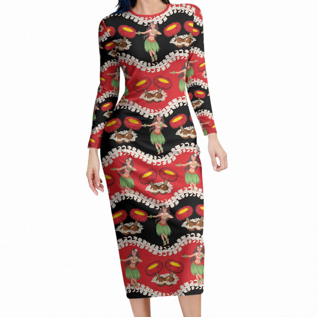 Uliuli Hawaii Makahiki Long Sleeve Bodycon Dress Hawaiian Puakenikeni Lei Hula Girl Red Version