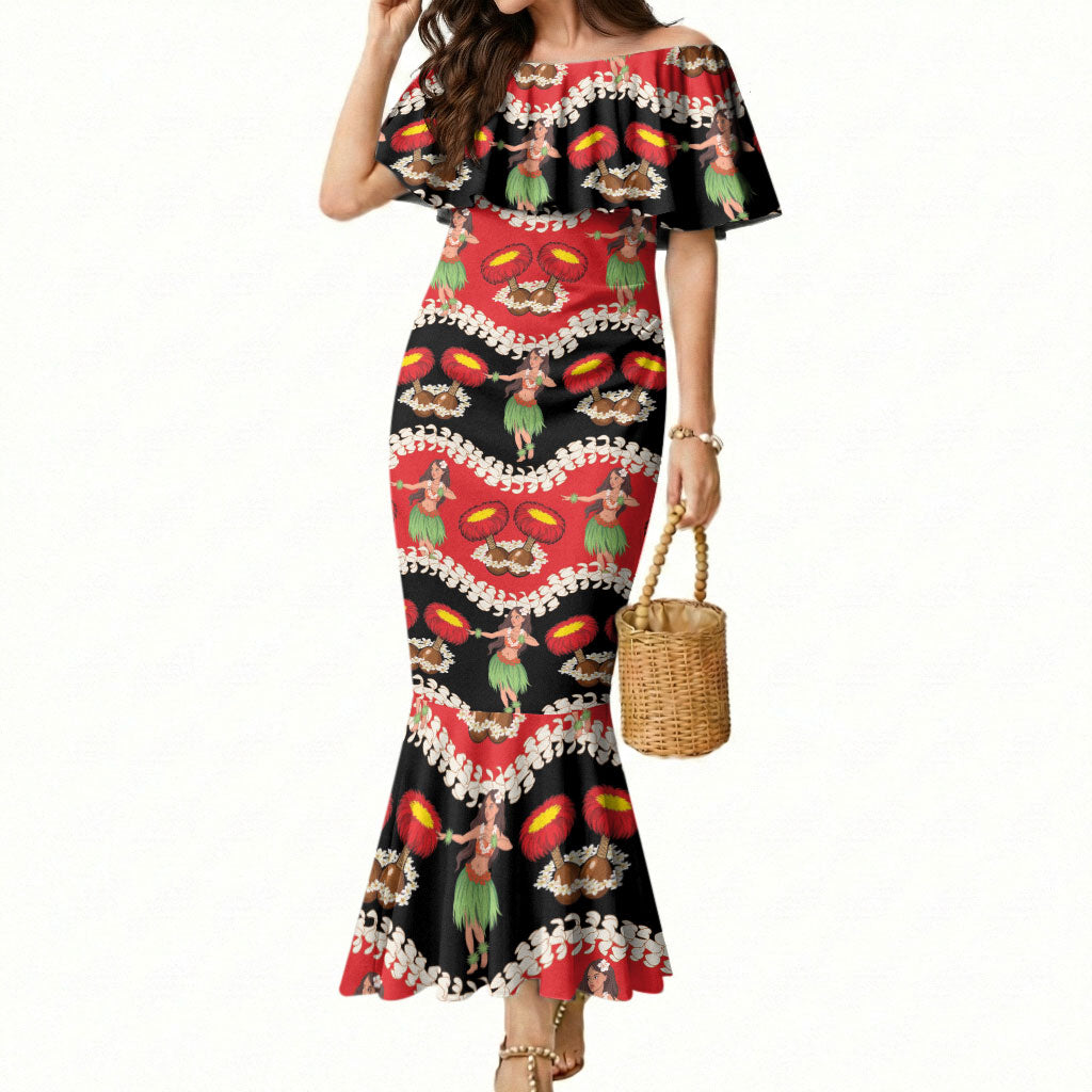 Uliuli Hawaii Makahiki Mermaid Dress Hawaiian Puakenikeni Lei Hula Girl Red Version