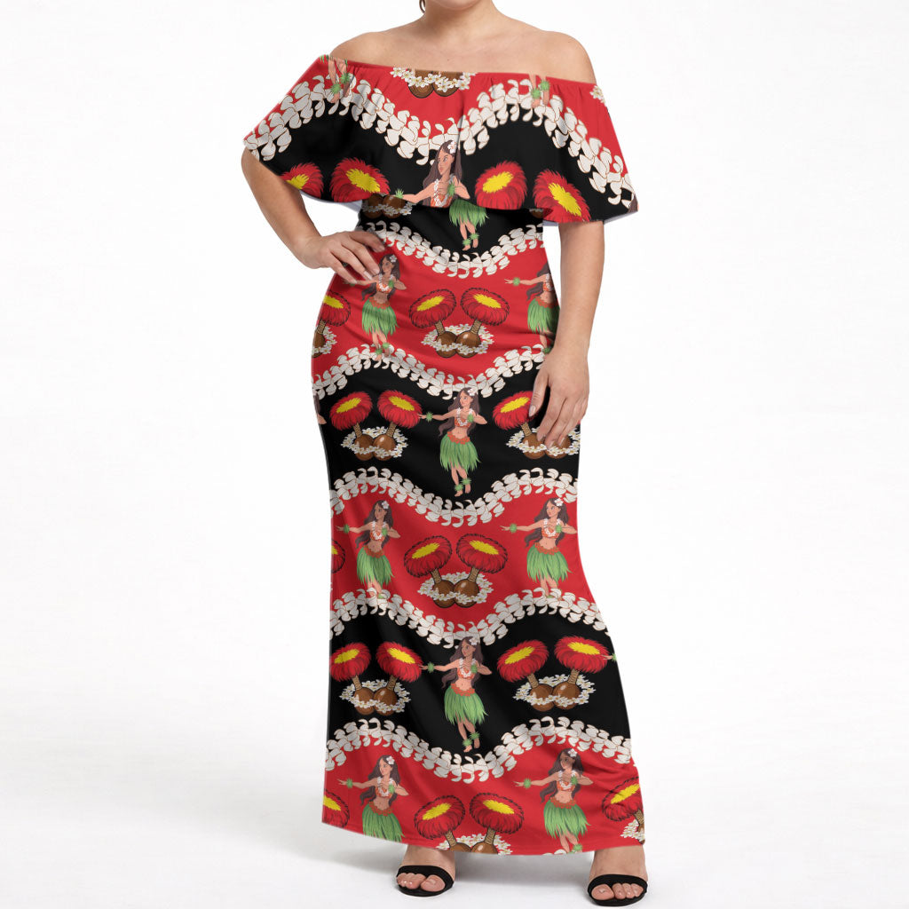 Uliuli Hawaii Makahiki Off Shoulder Maxi Dress Hawaiian Puakenikeni Lei Hula Girl Red Version