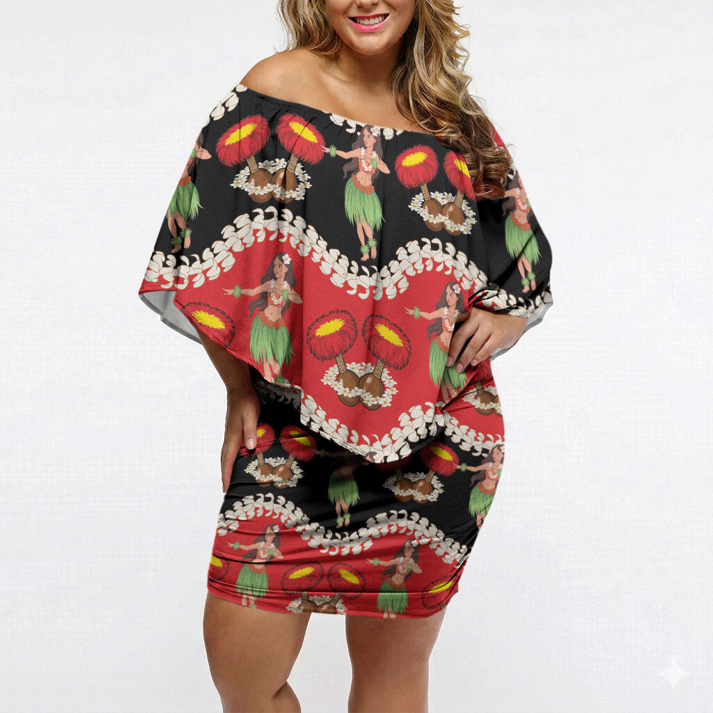 Uliuli Hawaii Makahiki Off Shoulder Short Dress Hawaiian Puakenikeni Lei Hula Girl Red Version