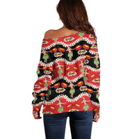 Uliuli Hawaii Makahiki Off Shoulder Sweater Hawaiian Puakenikeni Lei Hula Girl Red Version LT14 - Polynesian Pride