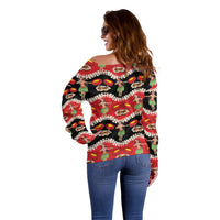 Uliuli Hawaii Makahiki Off Shoulder Sweater Hawaiian Puakenikeni Lei Hula Girl Red Version LT14 - Polynesian Pride