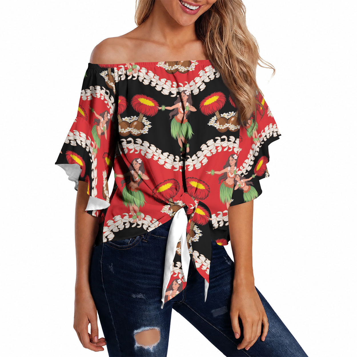 Uliuli Hawaii Makahiki Off Shoulder Wrap Waist Top Hawaiian Puakenikeni Lei Hula Girl Red Version LT14 Red - Polynesian Pride