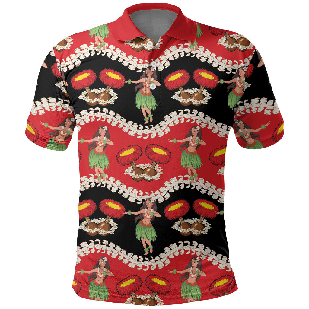 Uliuli Hawaii Makahiki Polo Shirt Hawaiian Puakenikeni Lei Hula Girl Red Version