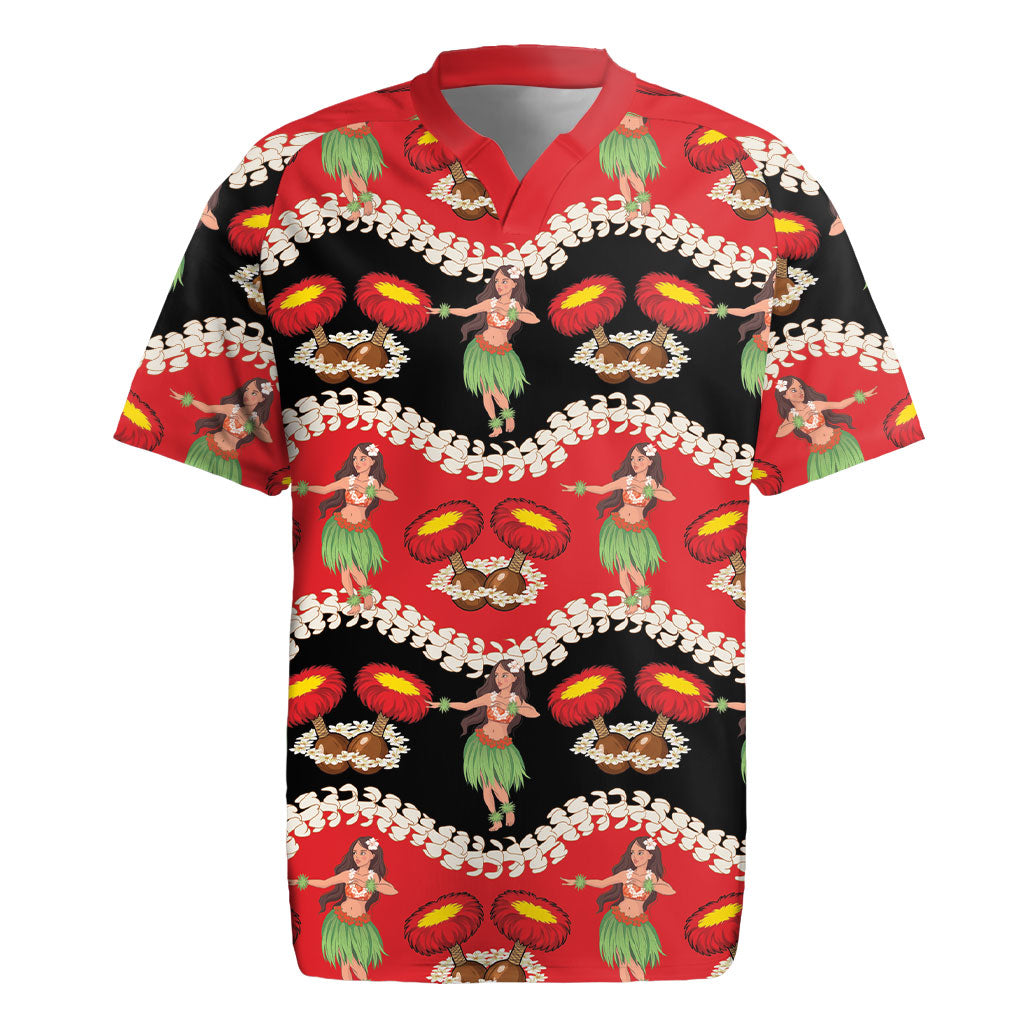 Uliuli Hawaii Makahiki Rugby Jersey Hawaiian Puakenikeni Lei Hula Girl Red Version LT14 Red - Polynesian Pride