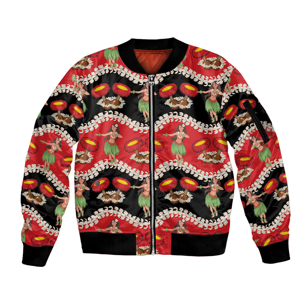 Uliuli Hawaii Makahiki Sleeve Zip Bomber Jacket Hawaiian Puakenikeni Lei Hula Girl Red Version LT14 Unisex Red - Polynesian Pride