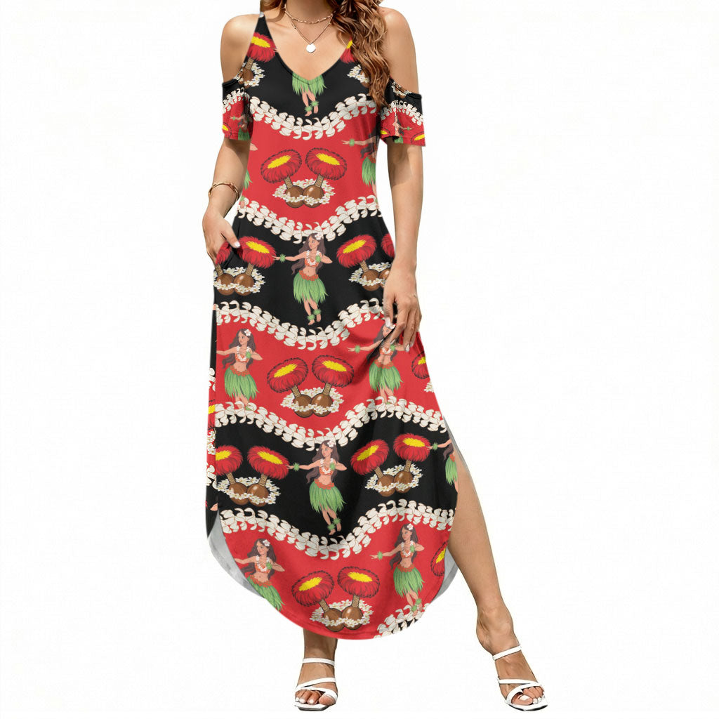 Uliuli Hawaii Makahiki Summer Maxi Dress Hawaiian Puakenikeni Lei Hula Girl Red Version