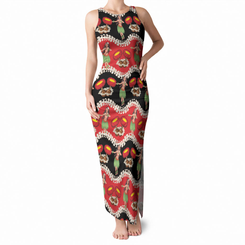 Uliuli Hawaii Makahiki Tank Maxi Dress Hawaiian Puakenikeni Lei Hula Girl Red Version
