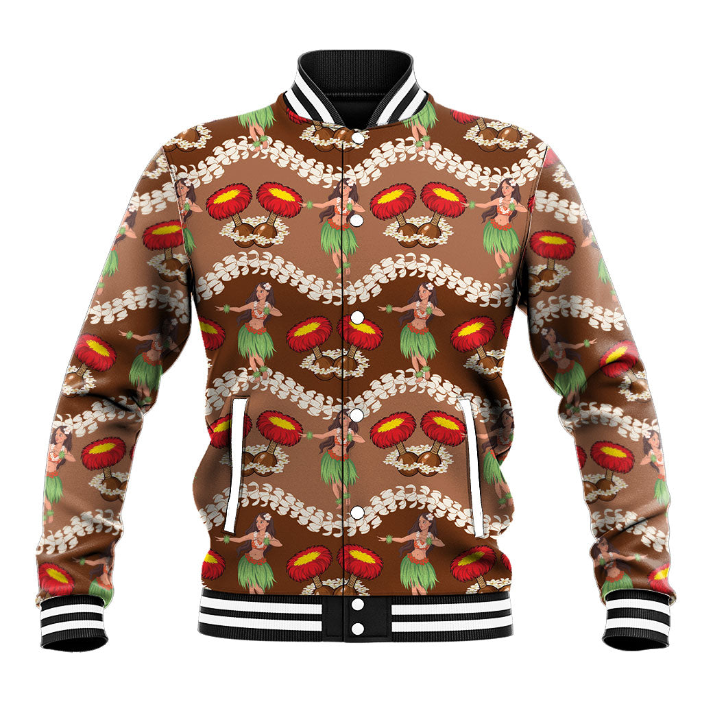Uliuli Hawaii Makahiki Baseball Jacket Hawaiian Puakenikeni Lei Hula Girl Brown Version LT14 Unisex Brown - Polynesian Pride
