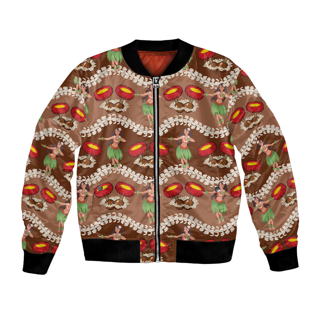 Uliuli Hawaii Makahiki Bomber Jacket Hawaiian Puakenikeni Lei Hula Girl Brown Version LT14 Unisex Brown - Polynesian Pride