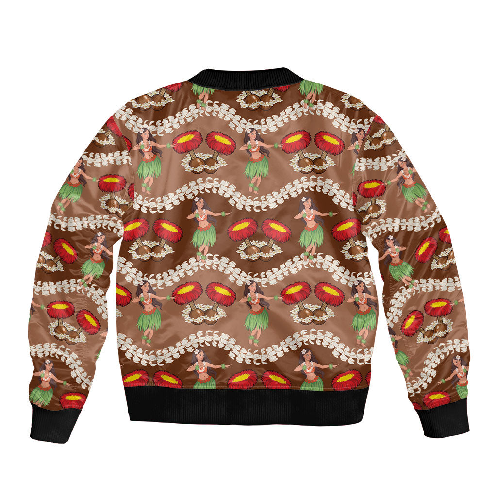 Uliuli Hawaii Makahiki Bomber Jacket Hawaiian Puakenikeni Lei Hula Girl Brown Version LT14 - Polynesian Pride