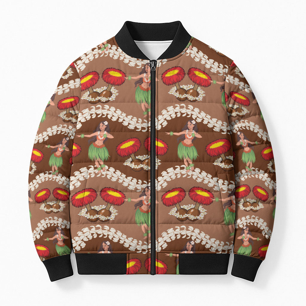 Uliuli Hawaii Makahiki Bomber Puffer Jacket Hawaiian Puakenikeni Lei Hula Girl Brown Version LT14 Unisex Brown - Polynesian Pride