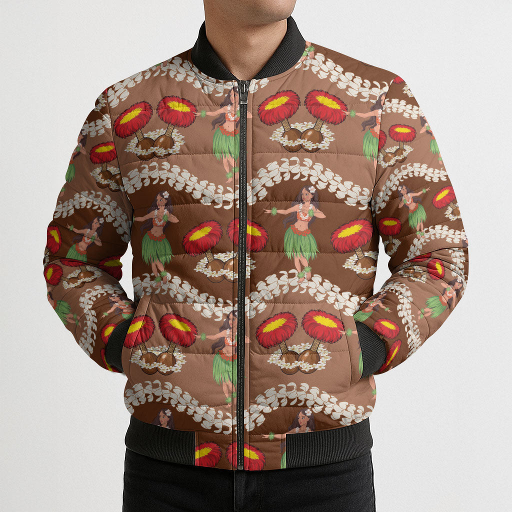 Uliuli Hawaii Makahiki Bomber Puffer Jacket Hawaiian Puakenikeni Lei Hula Girl Brown Version LT14 - Polynesian Pride