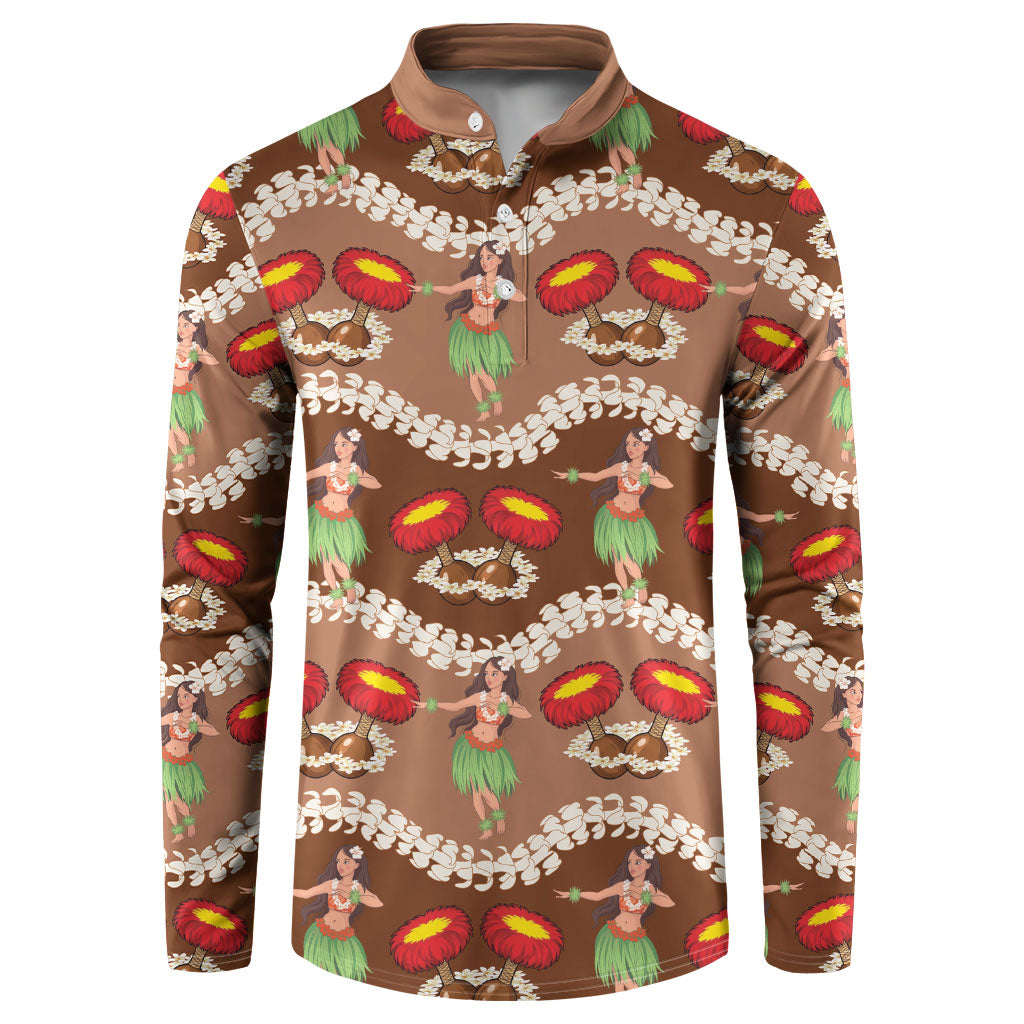 Uliuli Hawaii Makahiki Button Sweatshirt Hawaiian Puakenikeni Lei Hula Girl Brown Version LT14 Brown - Polynesian Pride