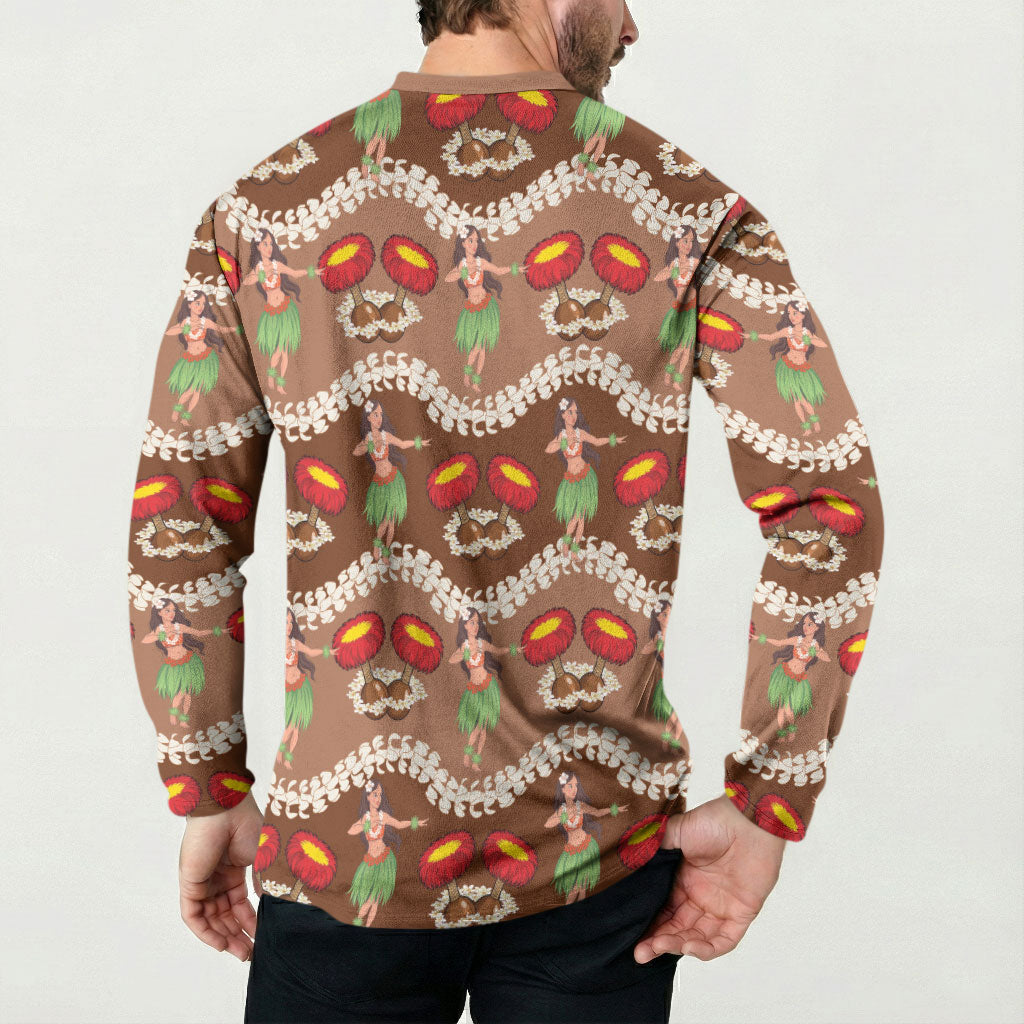 Uliuli Hawaii Makahiki Button Sweatshirt Hawaiian Puakenikeni Lei Hula Girl Brown Version LT14 - Polynesian Pride