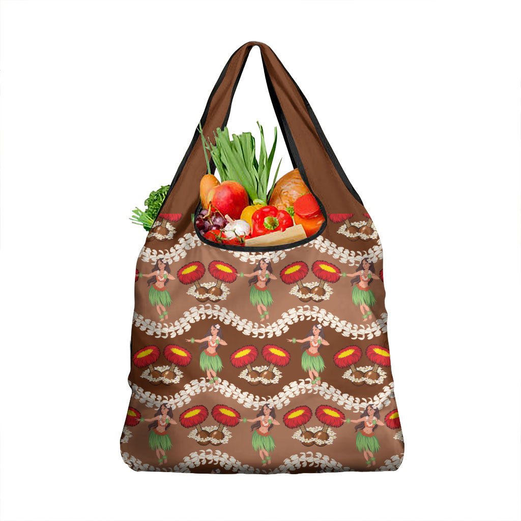 Uliuli Hawaii Makahiki Grocery Bag Hawaiian Puakenikeni Lei Hula Girl Brown Version