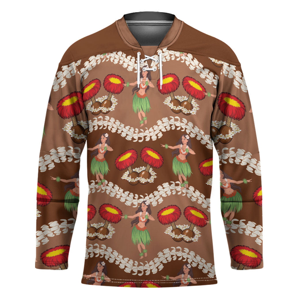 Uliuli Hawaii Makahiki Hockey Jersey Hawaiian Puakenikeni Lei Hula Girl Brown Version