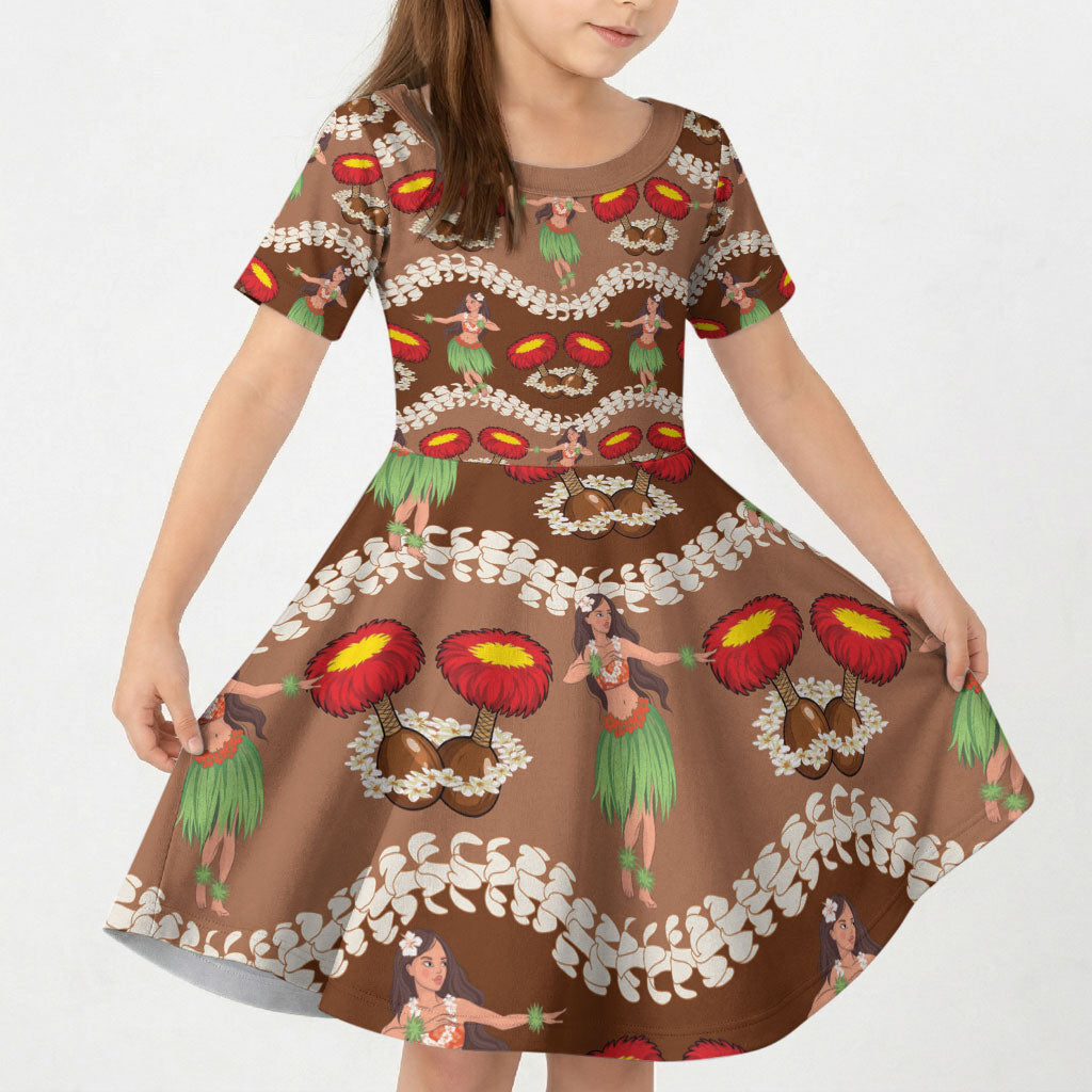 Uliuli Hawaii Makahiki Kid Short Sleeve Dress Hawaiian Puakenikeni Lei Hula Girl Brown Version