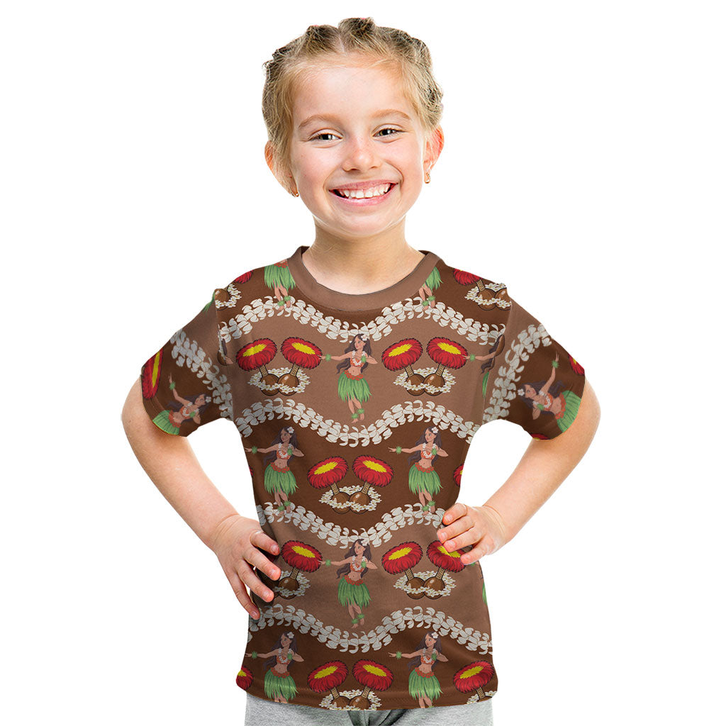 Uliuli Hawaii Makahiki Kid T Shirt Hawaiian Puakenikeni Lei Hula Girl Brown Version LT14 Brown - Polynesian Pride