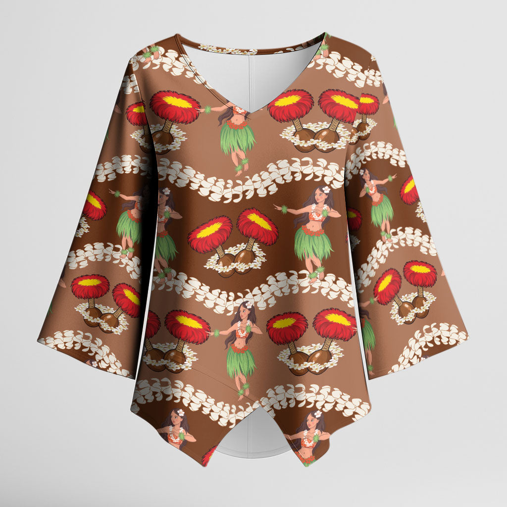 Uliuli Hawaii Makahiki Kimono Sleeve Blouse Hawaiian Puakenikeni Lei Hula Girl Brown Version LT14 Female Brown - Polynesian Pride