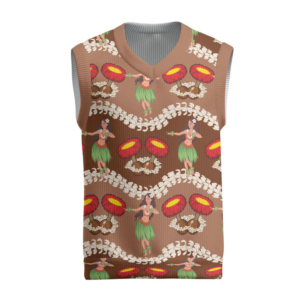 Uliuli Hawaii Makahiki Christmas Knitted V-Neck Vest Hawaiian Puakenikeni Lei Hula Girl Brown Version LT14 Brown - Polynesian Pride