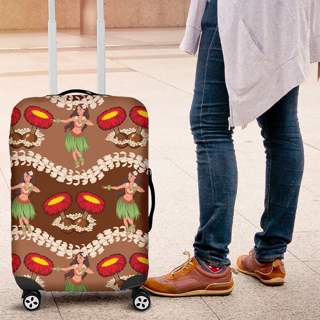 Uliuli Hawaii Makahiki Luggage Cover Hawaiian Puakenikeni Lei Hula Girl Brown Version