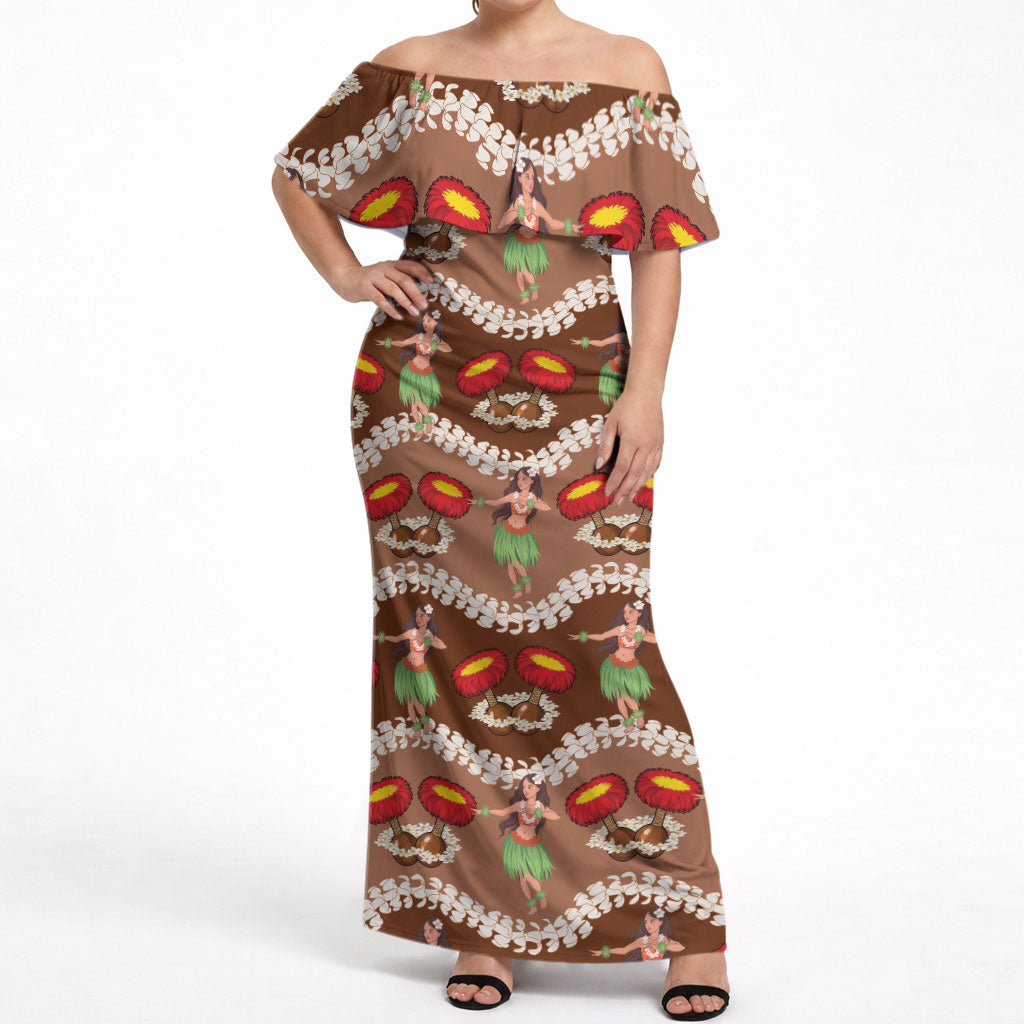 Uliuli Hawaii Makahiki Off Shoulder Maxi Dress Hawaiian Puakenikeni Lei Hula Girl Brown Version