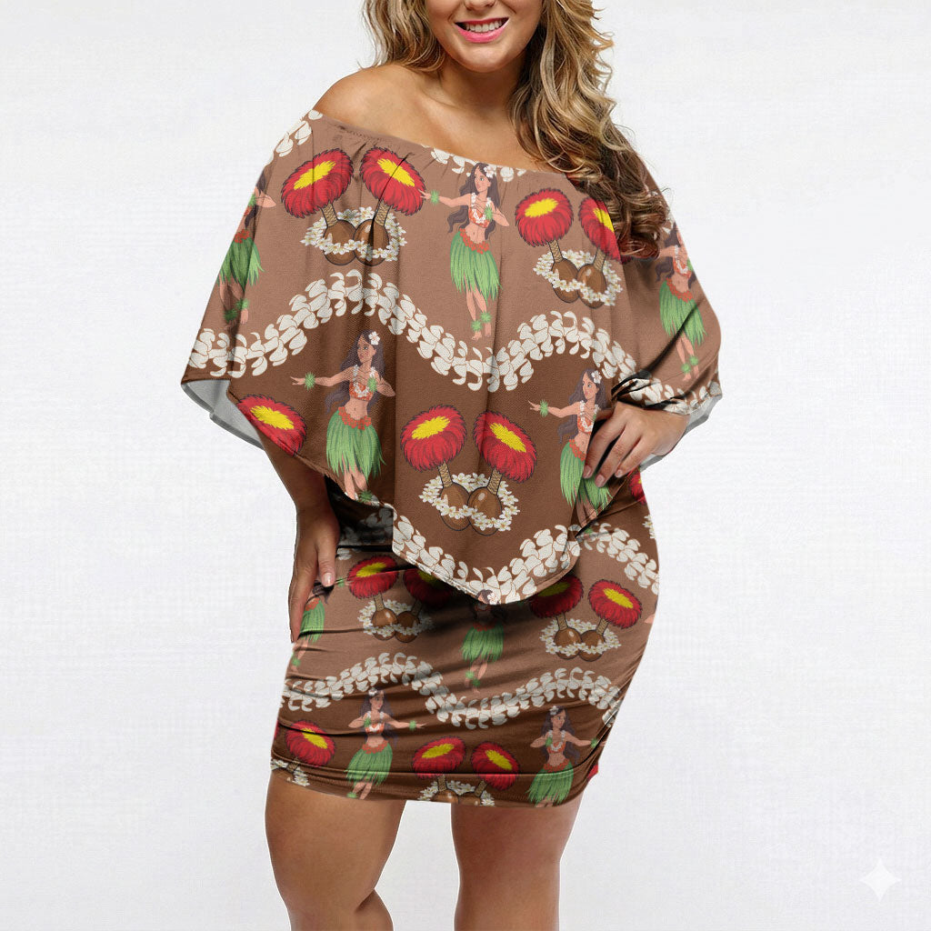 Uliuli Hawaii Makahiki Off Shoulder Short Dress Hawaiian Puakenikeni Lei Hula Girl Brown Version