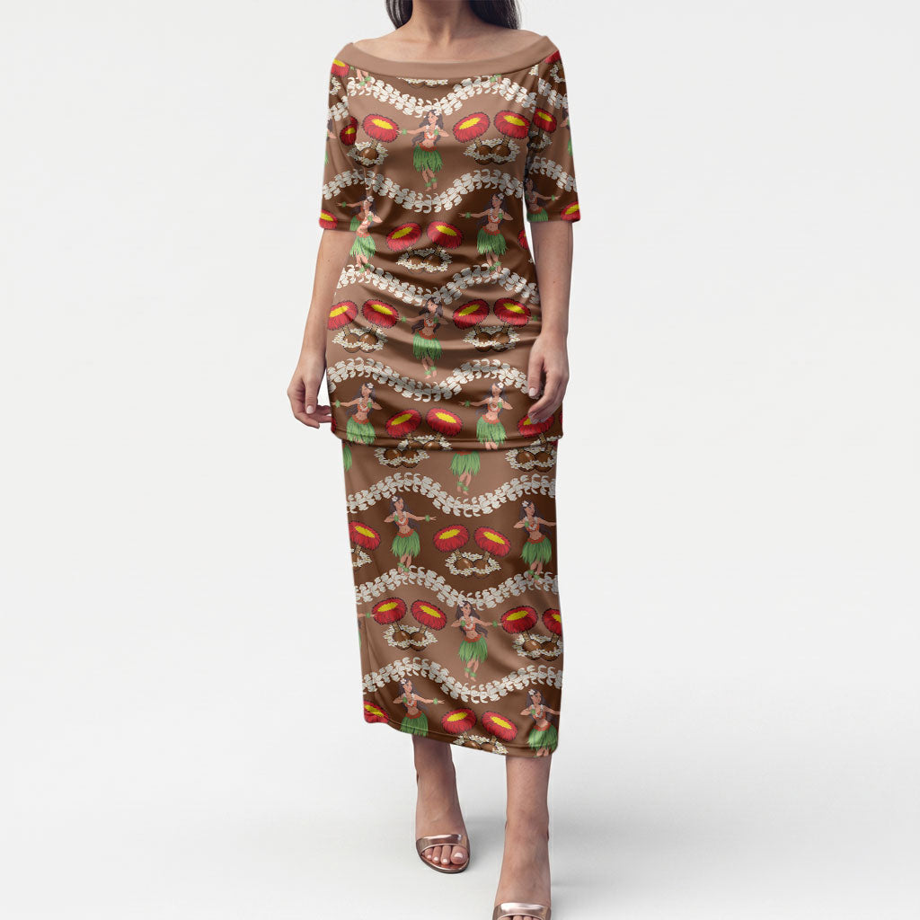 Uliuli Hawaii Makahiki Puletasi Hawaiian Puakenikeni Lei Hula Girl Brown Version LT14 Long Dress Brown - Polynesian Pride