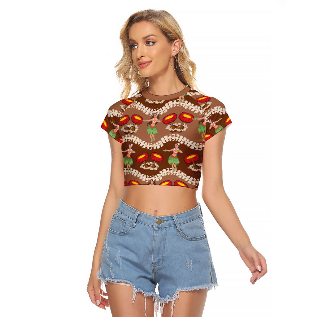 Uliuli Hawaii Makahiki Raglan Cropped T Shirt Hawaiian Puakenikeni Lei Hula Girl Brown Version LT14 Female Brown - Polynesian Pride