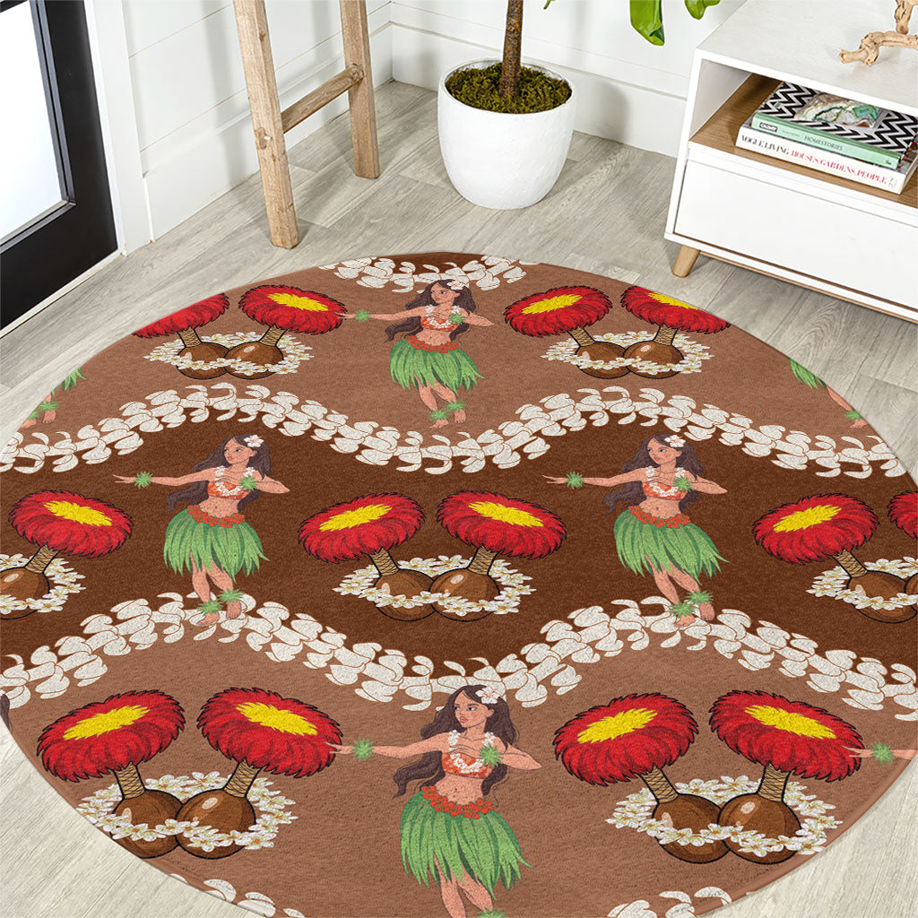 Uliuli Hawaii Makahiki Round Carpet Hawaiian Puakenikeni Lei Hula Girl Brown Version LT14 Brown - Polynesian Pride