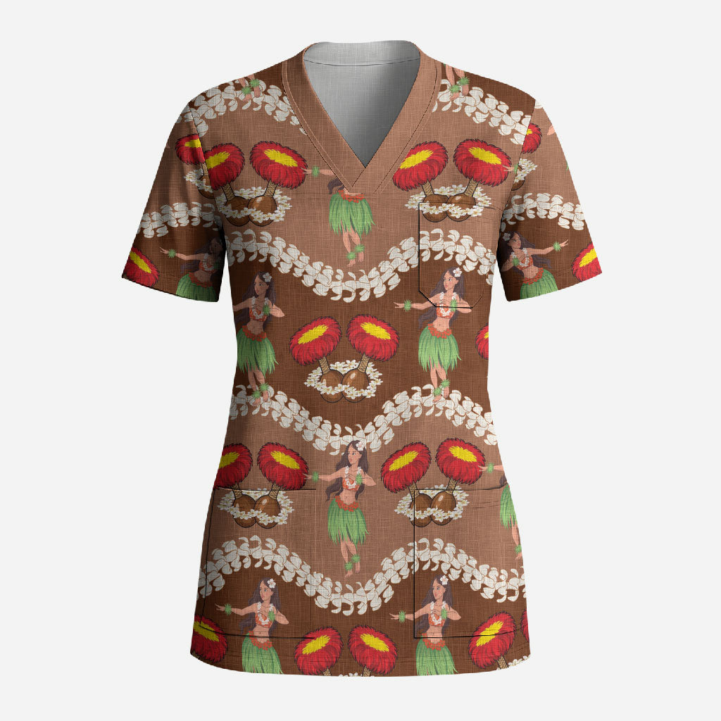 Uliuli Hawaii Makahiki Scrub Top Hawaiian Puakenikeni Lei Hula Girl Brown Version LT14 Adult Brown - Polynesian Pride