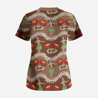 Uliuli Hawaii Makahiki Scrub Top Hawaiian Puakenikeni Lei Hula Girl Brown Version LT14 - Polynesian Pride