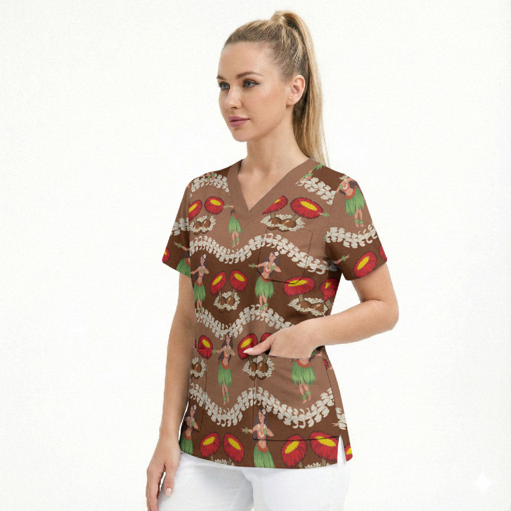 Uliuli Hawaii Makahiki Scrub Top Hawaiian Puakenikeni Lei Hula Girl Brown Version LT14 - Polynesian Pride