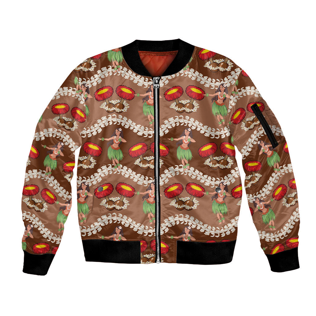 Uliuli Hawaii Makahiki Sleeve Zip Bomber Jacket Hawaiian Puakenikeni Lei Hula Girl Brown Version LT14 Unisex Brown - Polynesian Pride