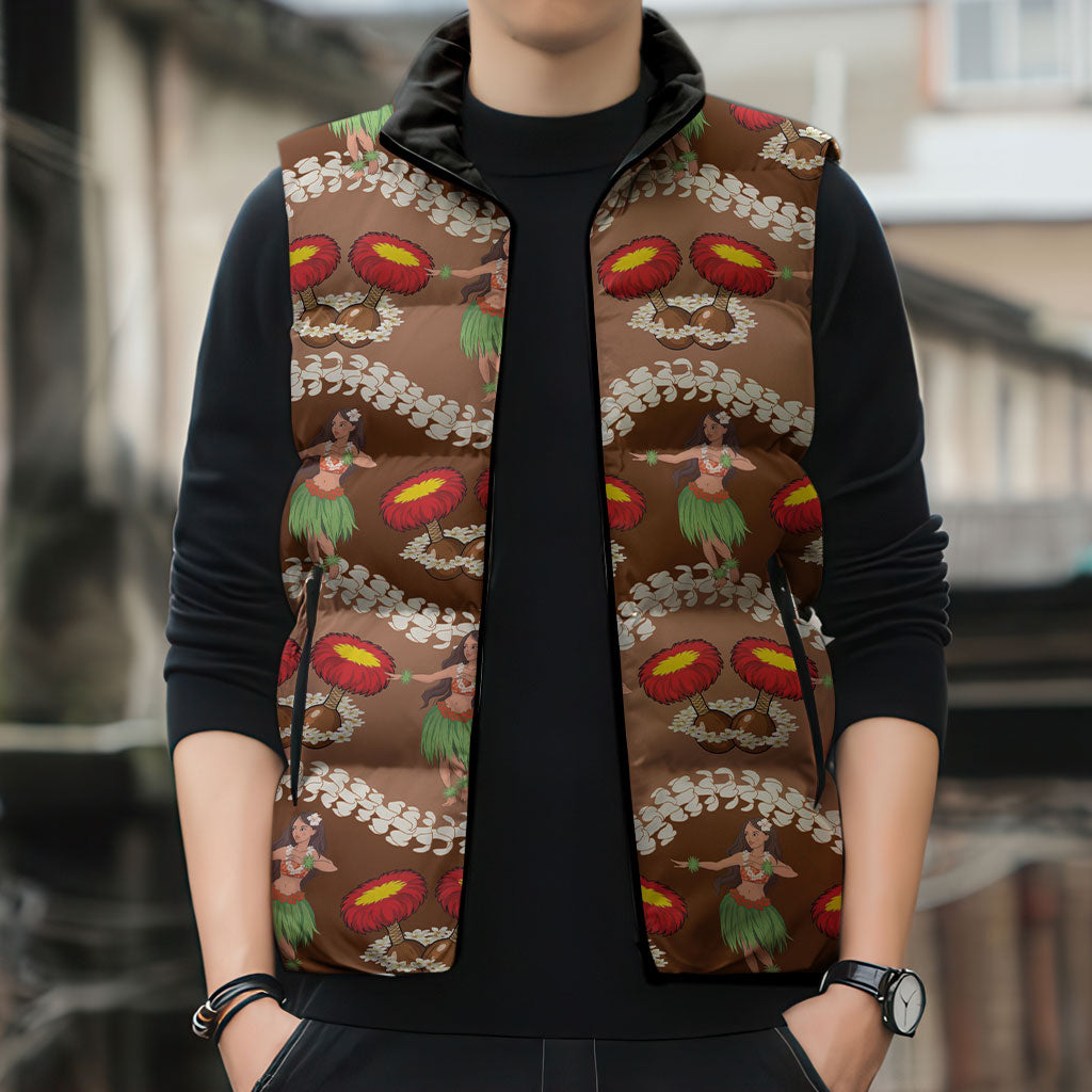 Uliuli Hawaii Makahiki Sleeveless Puffer Jacket Hawaiian Puakenikeni Lei Hula Girl Brown Version LT14 - Polynesian Pride