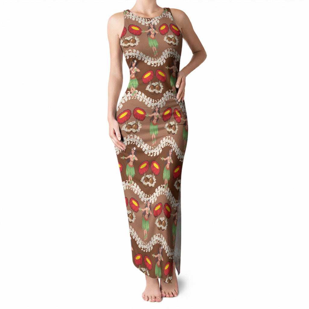 Uliuli Hawaii Makahiki Tank Maxi Dress Hawaiian Puakenikeni Lei Hula Girl Brown Version