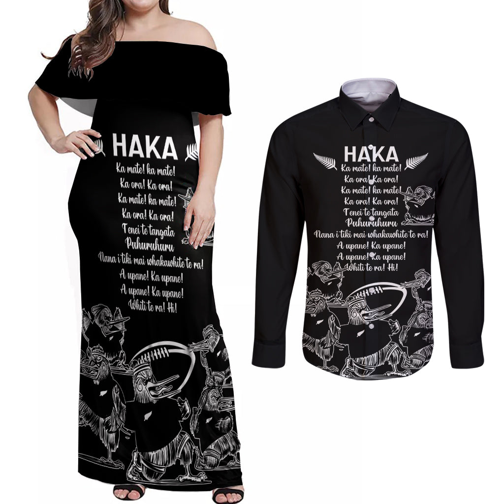 New Zealand Silver Fern Rugby Couples Matching Off Shoulder Maxi Dress and Long Sleeve Button Shirt Haka Aotearoa Kiwi Dance LT14 Black - Polynesian Pride