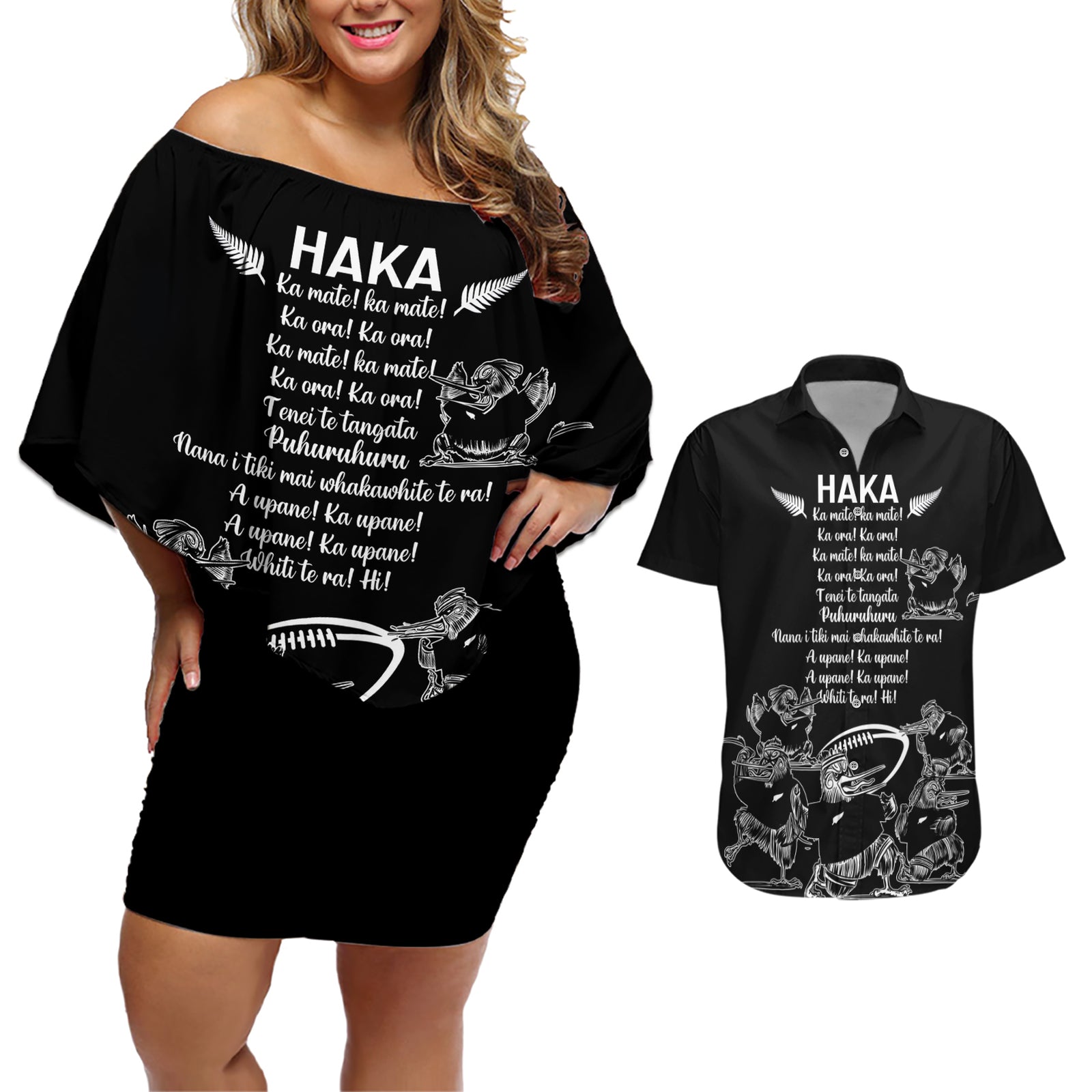 New Zealand Silver Fern Rugby Couples Matching Off Shoulder Short Dress and Hawaiian Shirt Haka Aotearoa Kiwi Dance LT14 Black - Polynesian Pride